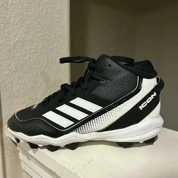 Adidas Icon 7 Baseball Cleats Youth Sz 13K Black White Mid Molded Lace Up S23704 - Picture 4 of 9